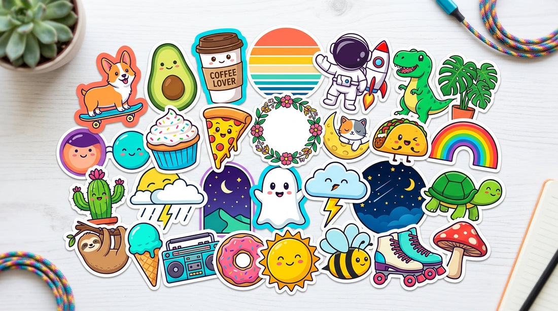 25 colorful AI sticker design examples featuring cartoon characters, retro artwork, animals, and custom die-cut sticker concepts.