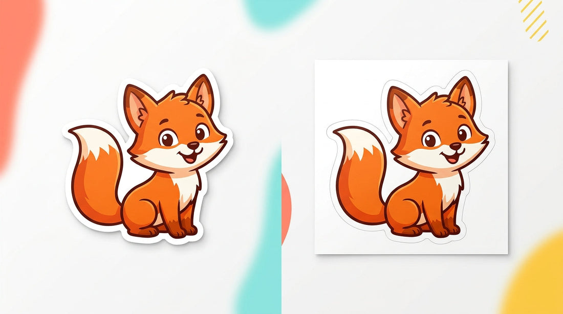 Side-by-side comparison of a die-cut cartoon fox sticker cut to shape and an identical kiss-cut fox sticker on a larger rectangular backing.