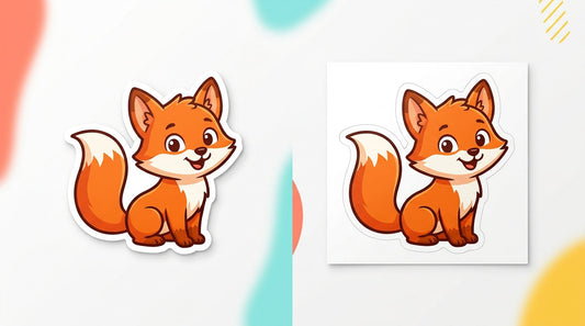 Side-by-side comparison of a die-cut cartoon fox sticker cut to shape and an identical kiss-cut fox sticker on a larger rectangular backing.