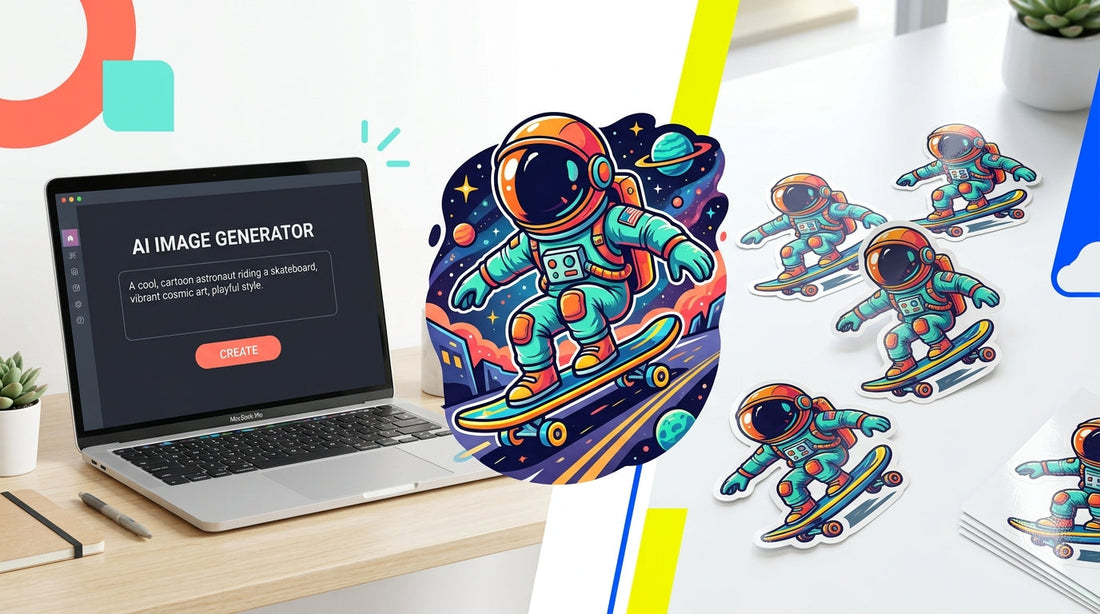 AI sticker design process showing a text prompt, generated cartoon artwork, and a finished custom printed sticker.