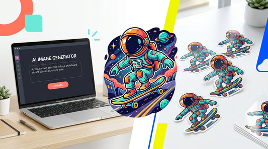 AI sticker design process showing a text prompt, generated cartoon artwork, and a finished custom printed sticker.